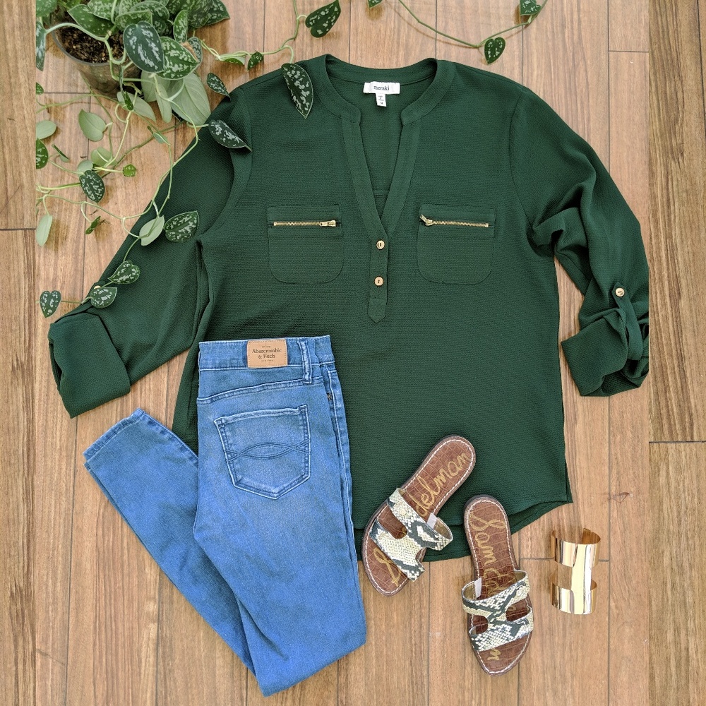 🖤Casual Green Long Sleeve Blouse Zipper Trim MED